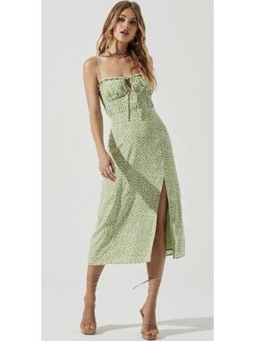 ASTR THE LABEL Verana Midi Dress Green Ditsy Floral Medium Boho Coquette